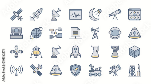 Aerospace industry icons display a colorful assortment of space travel, satellite navigation, and modern satellite communications technology.