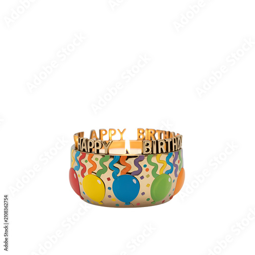 Happy Birthday Celebration Cake with Colorful Candles and Party Decorations Isolated on White Background