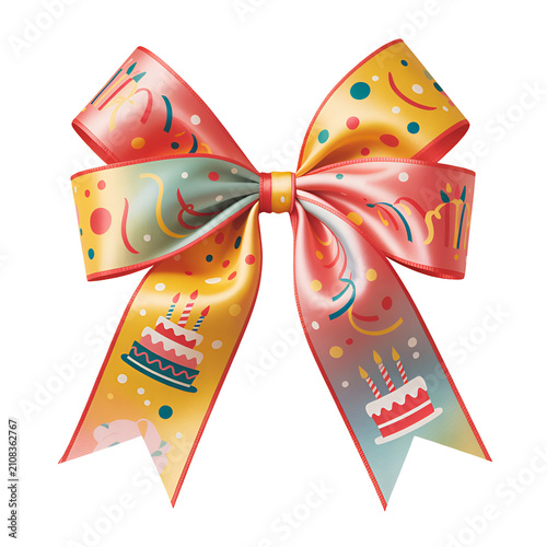 Colorful Decorative Birthday Gift Bow Ribbon with Festive Pattern Isolated on White Background