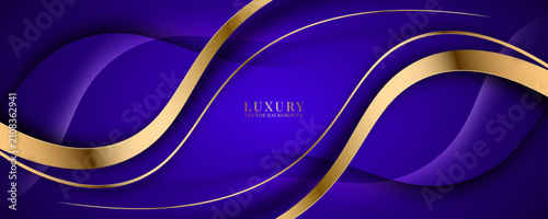 3D purple luxury abstract background overlap layer in dark space with curved gold lines decoration. Modern graphic design element cutout shape style concept for web, art, flyer, card or brochure cover