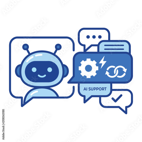 Blue AI Support Chatbot Illustration Featuring Digital Gear and Synchronizing Arrows for Modern Customer Service Communication Concept
