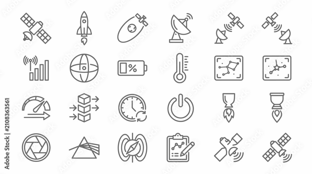 Fototapeta premium Technology icons represent space exploration and digital connectivity within a modern graphic interface.