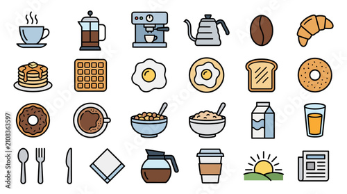 Breakfast icons set illustrates a variety of morning food and drink items in a colorful graphic style.