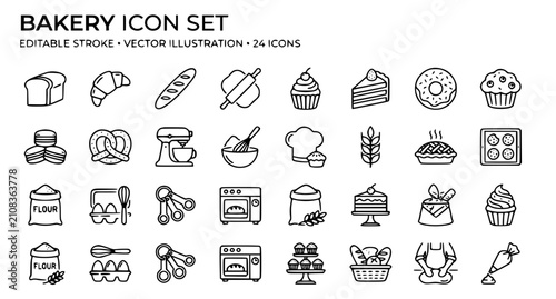 Fotografía Bakery and pastry outline icon set with bread cake cupcake and baking tools vect