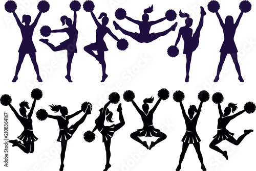 Dynamic cheerleading squad jumping and dancing silhouettes collection vector