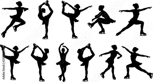 Dynamic ice skating girls spin and balance poses set vector silhouette pack