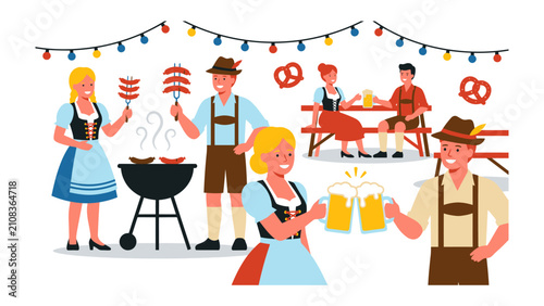 Oktoberfest Celebration Scene: A lively Oktoberfest gathering with people in traditional Bavarian attire enjoying sausages, pretzels, and beer, under a string of festive lights.