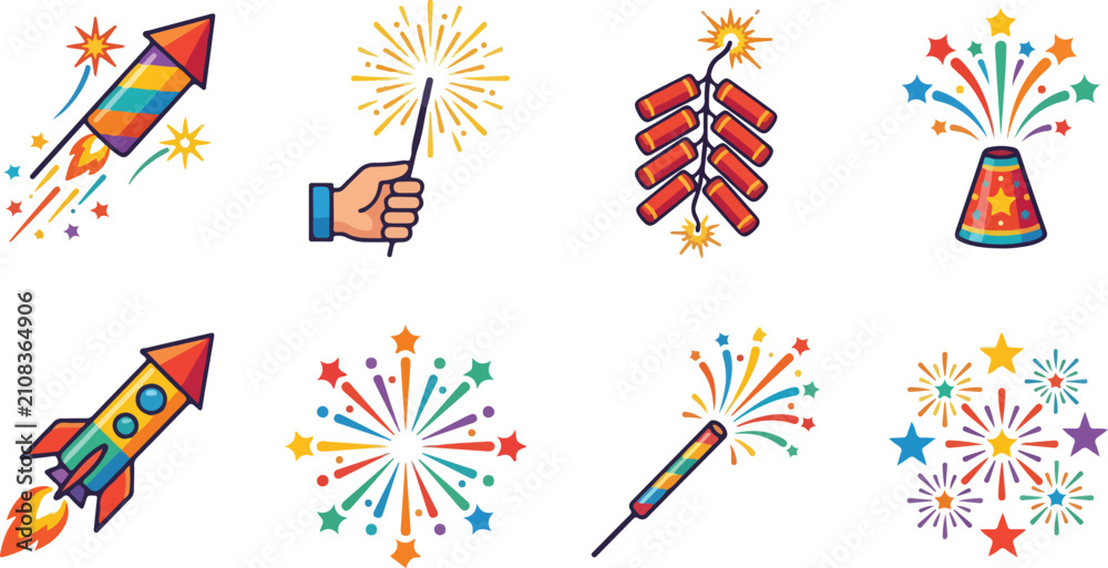 Fototapeta premium Festive fireworks vector illustrations featuring rockets, sparklers, firecrackers, fountains, bursts, and colorful celebratory effects for holiday designs