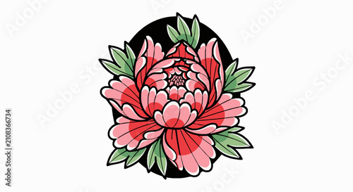 Traditional japanese style pink peony blossom graphic illustration with bold black outlined petals with flower rendered traditional