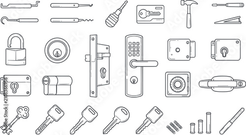 Door Locks and Security Hardware Line Icon Set Featuring Keys, Smart Locks, Deadbolts, Locksmith Tools, Door Handles, and Access Control Vector Collection