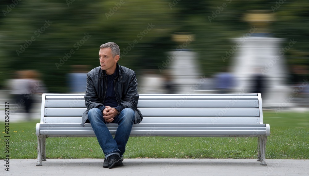 Fototapeta premium Lonely man sitting on bench watching people passing by
