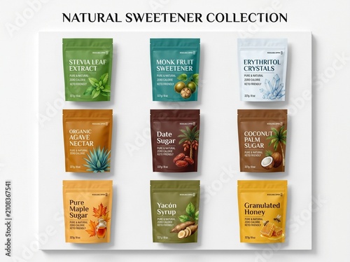 A collection of nine different natural sweeteners displayed in individual packages on a white background.