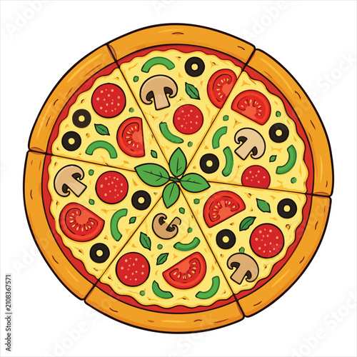 Delicious pepperoni pizza vector illustration topped with mushrooms olives tomatoes and basil isolated on white