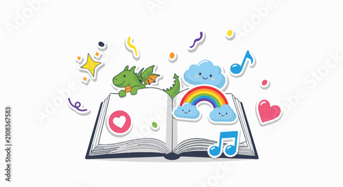 Open storybook featuring whimsical dragon character surrounded by colorful rainbows hearts with surrounded playful illustrations