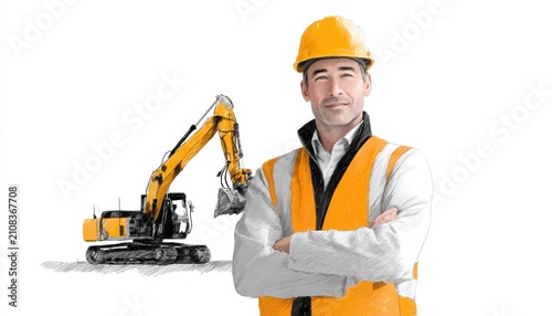 Confident construction worker posing with excavator in pencil sketch style