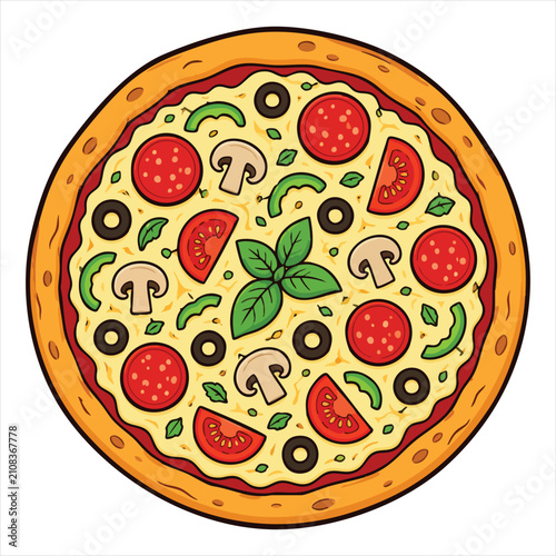 Delicious pepperoni pizza vector illustration topped with mushrooms olives tomatoes and basil isolated on white