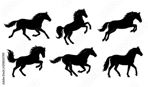 Bild auf Leinwand Black Horse Silhouette Collection with Six Different Poses