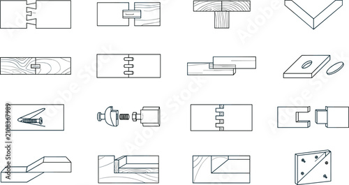 Fényképezés Woodworking Joinery and Carpentry Line Icon Set Featuring Wood Joints, Furniture