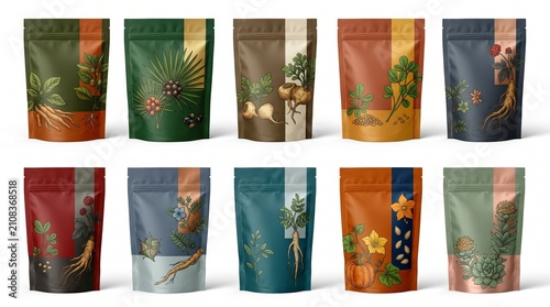 A collection of ten vibrantly designed stand-up pouches featuring botanical illustrations and earthy color palettes for natural products.