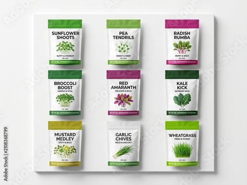Nine colorful pouches of various microgreen seeds, including sunflower, pea, radish, broccoli, amaranth, kale, mustard, garlic chives, and wheatgrass, displayed on a white board.