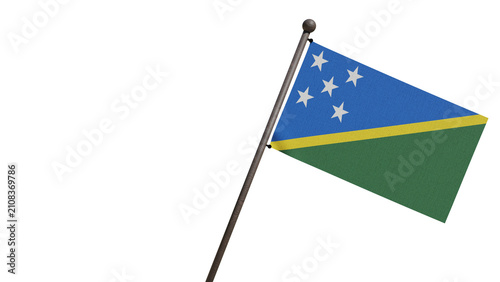 A realistic 3D render of the Solomon Islands national flag waving on a wooden flagpole, isolated transparent background with copy space