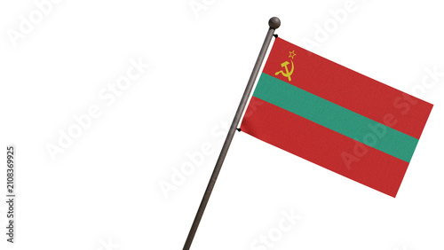 A realistic 3D render of the Transnistria flag waving on a wooden flagpole, isolated transparent background with copy space