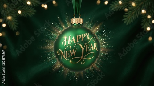Elegant green bauble with Happy New Year message and festive lights