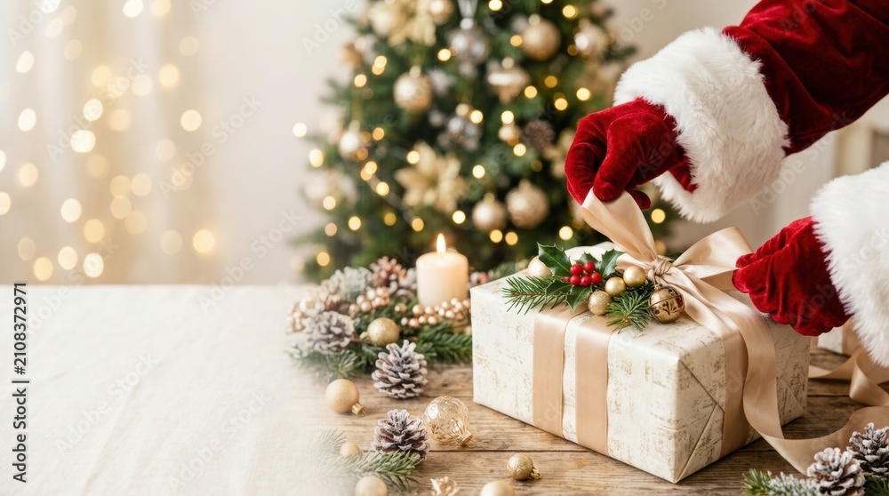 Obraz premium Santa Claus hands tying a ribbon on a beautifully wrapped Christmas gift box