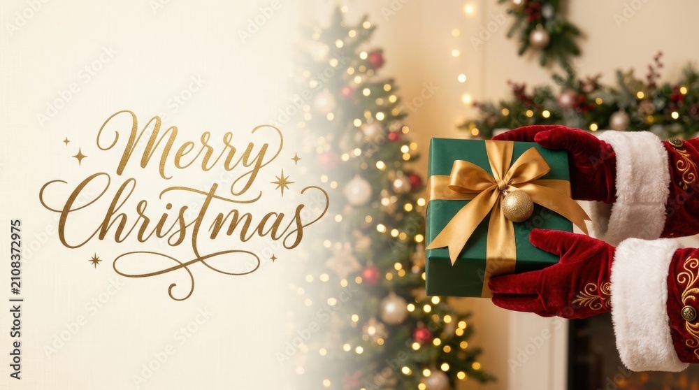 Obraz premium Santa Claus hands giving a green gift box with golden ribbon and bow