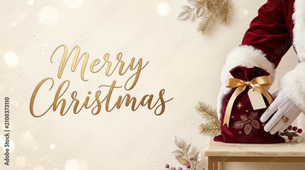 Obraz premium Santa Claus holding a gift bag with festive decorations and golden text