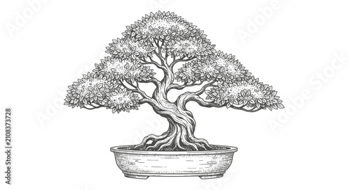 Detailed sketch of a mature bonsai tree in a pot