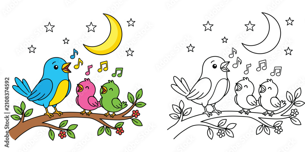 Obraz premium Cartoon Singing Bird Family on Tree Branch under Crescent Moon