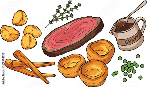 Traditional sunday roast dinner components with beef and yorkshire puddings.
