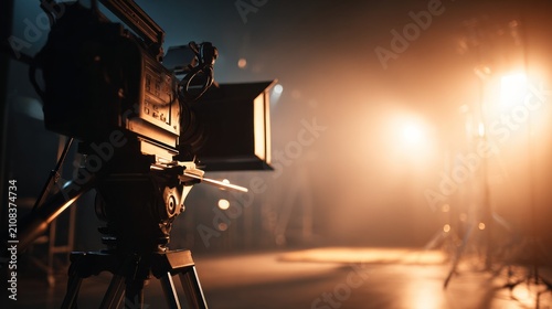 Sleek camera rig on tripod captured from a wide low angle, showcasing intricate details and lighting in a professional studio environment with copy space