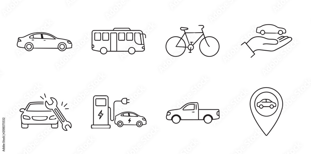 Fototapeta premium Set of line art icons featuring various automobiles and transportation concepts transportation electric