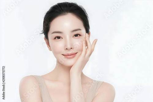 Studio portrait of a beautiful young Asian woman smiling with clean glowing skin touching her soft face, ideal for K-beauty skincare and cosmetic advertising