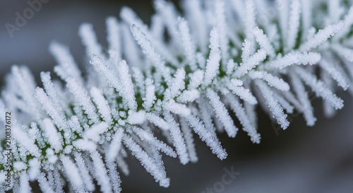 Frost-covered pine needles macro, delicate ice crystals on evergreen branch in winter