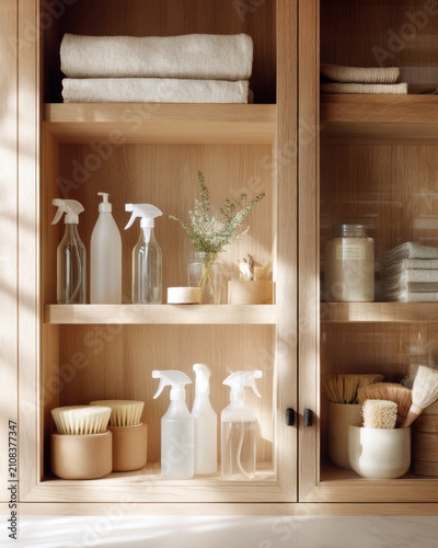 Natural cleaning cabinet with neutral towels brushes and glass spray bottles for sustainable home organization background and interior design