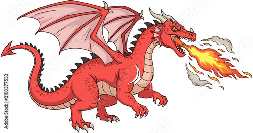 Fierce cartoon red dragon breathing fire, mythological fantasy creature with large wings, powerful beast character for fairytale story vector illustration.

