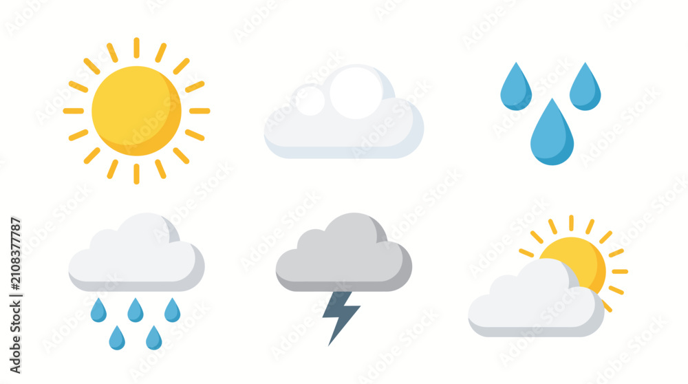 Fototapeta premium Weather icons depicting the sun, clouds, and rain provide essential visual indicators for meteorological forecasting and mobile application reports.