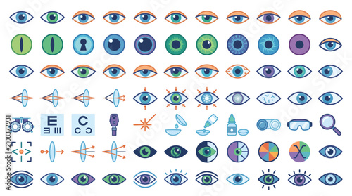 Foto Eyes icons collection displays various anatomical features and optometry diagnostic tools for medical charts