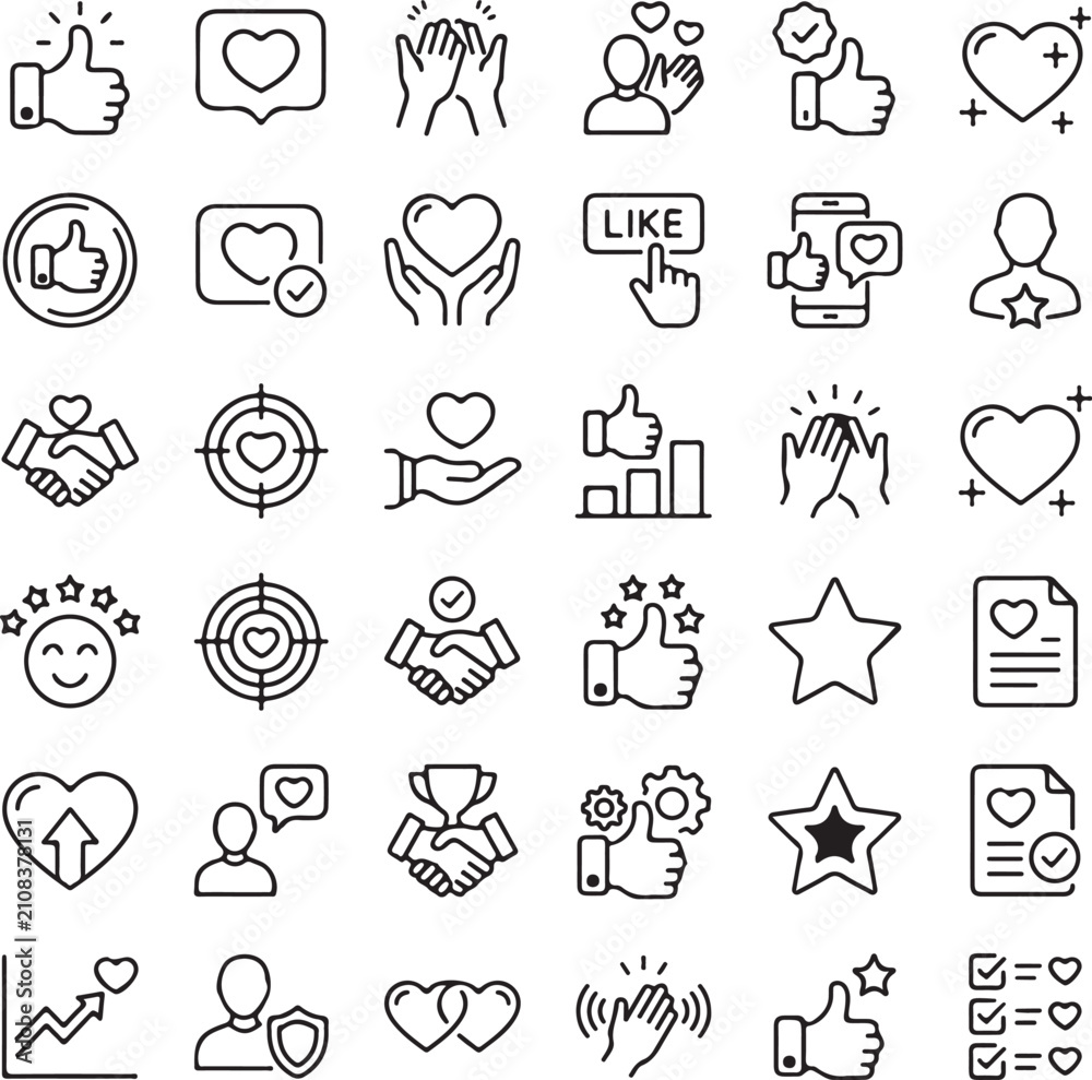 Fototapeta premium Set of line icons for social media, customer feedback and satisfaction. Thumbs up, hearts, clapping hands and star ratings in a black vector style