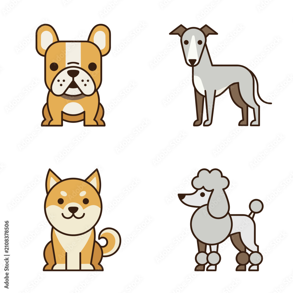 Fototapeta premium Cute cartoon dog breeds vector illustration set, four different domestic puppies sitting and standing isolated on clean white background for pet related design
