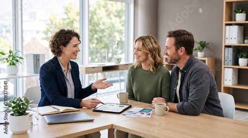 Professional financial advisor explaining insurance plans to young couple. Expert consultant discussing coverage options with clients in modern off...