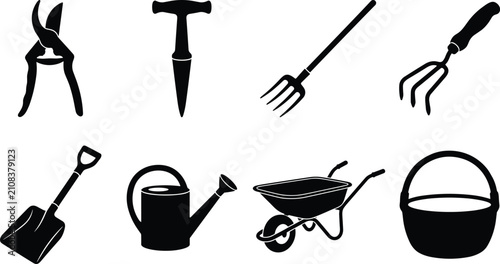 Fotografie Black Silhouette Garden Hand Tools Collection with Pruners Trowel Rake Watering