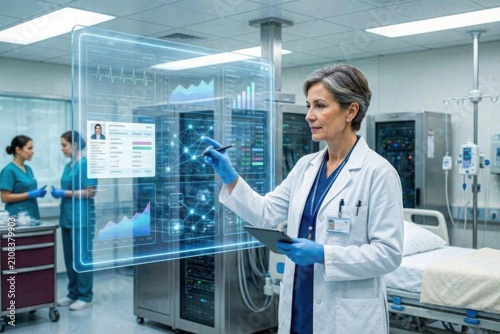 Doctor using AI-powered digital healthcare network and medical analytics dashboard in a modern hospital with innovative technology and clean clinical background.