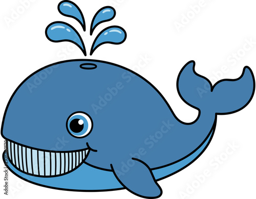 Quadro su tela Cute blue whale cartoon character spouting water from blowhole, happy sea animal vector illustration isolated on white background for kids
