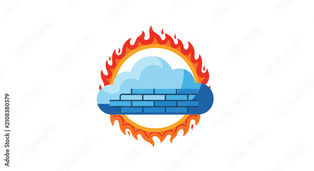 Fototapeta premium Cloud Computing Firewall Security Logo Icon. Vector illustration of a cloud with a brick wall protected by a circle of fire, representing cybersecurity and data protection.