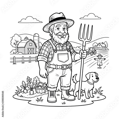 Friendly farmer with pitchfork and dog on a farm, cartoon outline coloring book page style.
