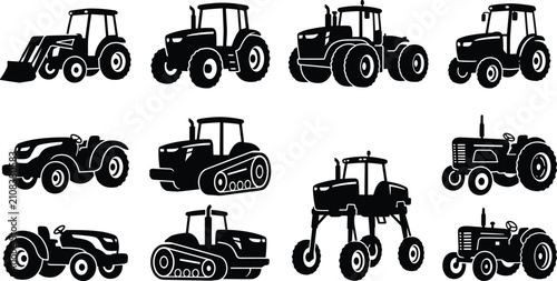 Canvastavla Set of farm tractor vector icons featuring various agricultural machinery and heavy equipment silhouettes